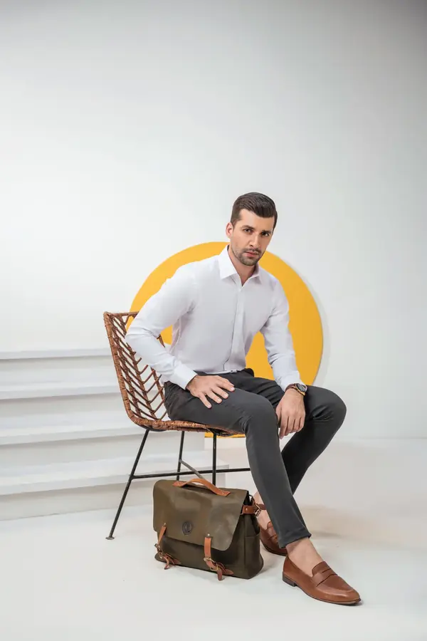 Menswear, shirt and leather bag — Fashion & Apparel